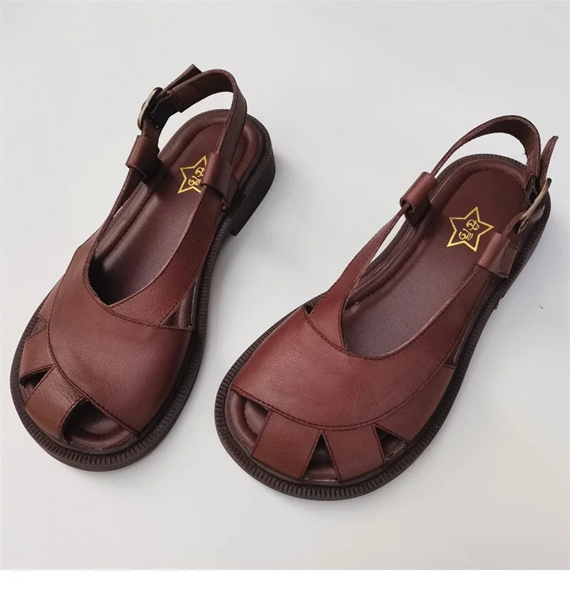 Careaymade-Genuine Leather wide toe big size sandals women's shoes original Handmade single breathable soft sole casual sandals