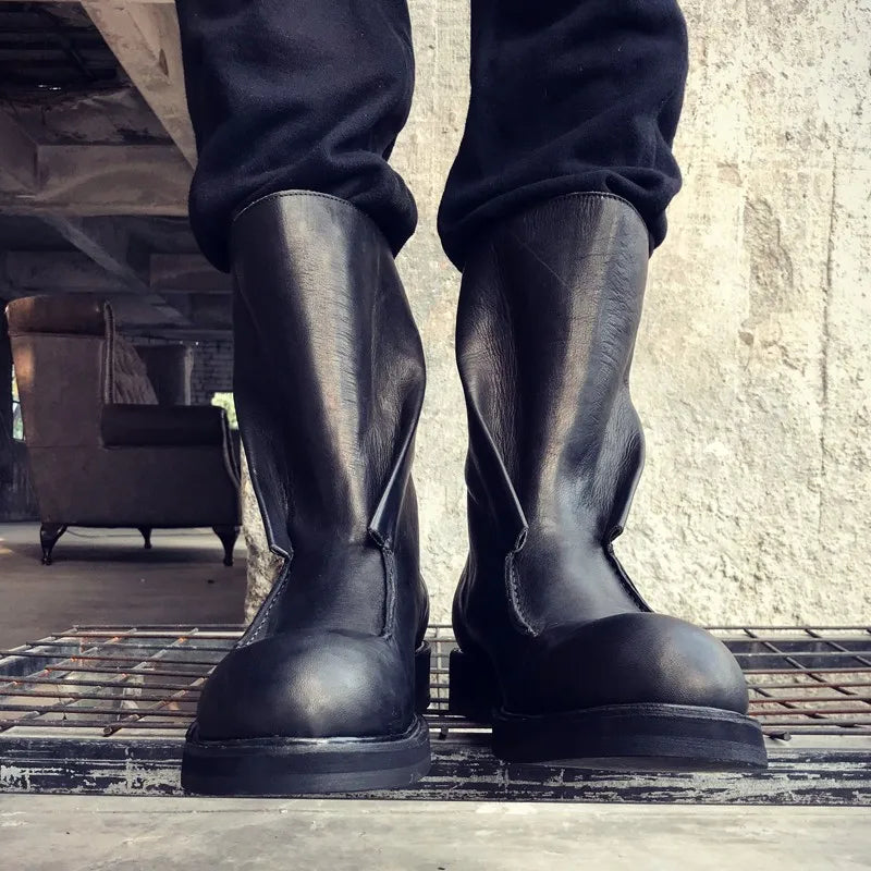 Men's Luxury Genuine Horse Leather Boots - Vintage Gothic Mid-Calf Zip Motorcycle Biker