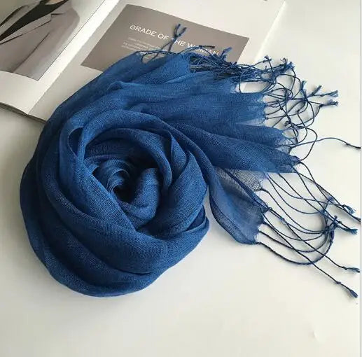 55*180cm Fashion Soft Solid Women's 100% Linen Flax Tassel Scarf Summer Travel Sunscreen Long Shawl Elegant Hijab Women's Foulard