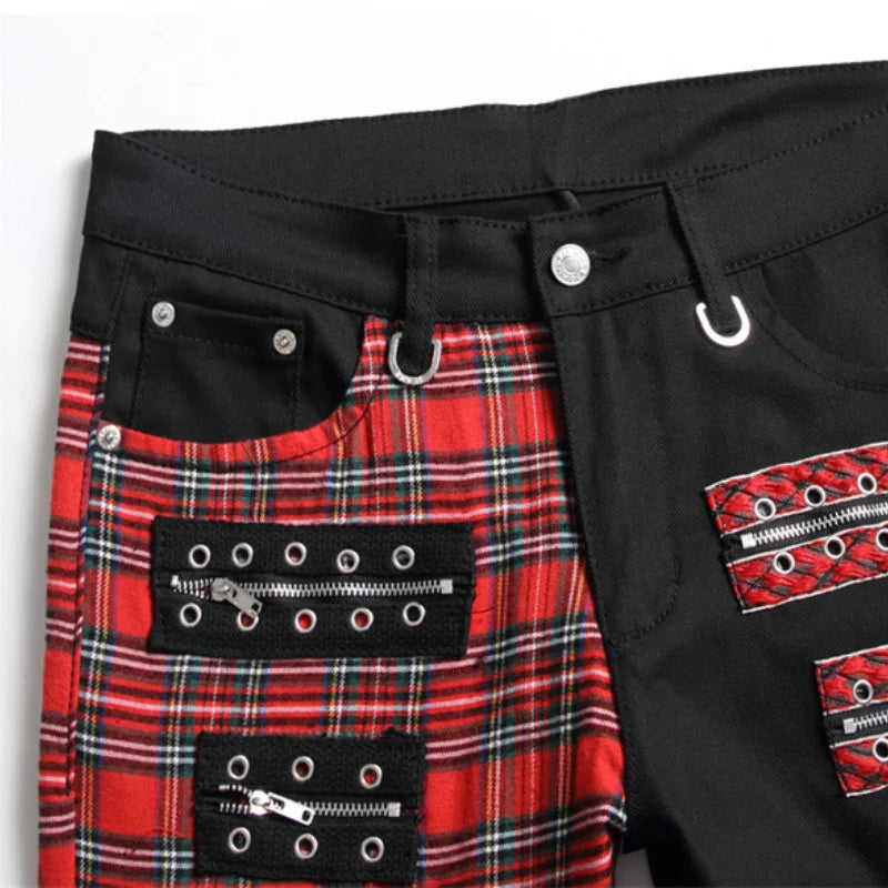 New Fashion Red Plaid Patchwork Punk Zipper Men's Pencil Jeans Trousers Y2K Buckle Hip Hop Gothic Slim Denim Pants Pantaloni Uomo
