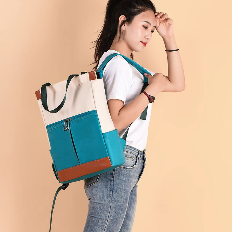 Color Block Oxford Tote Backpack
