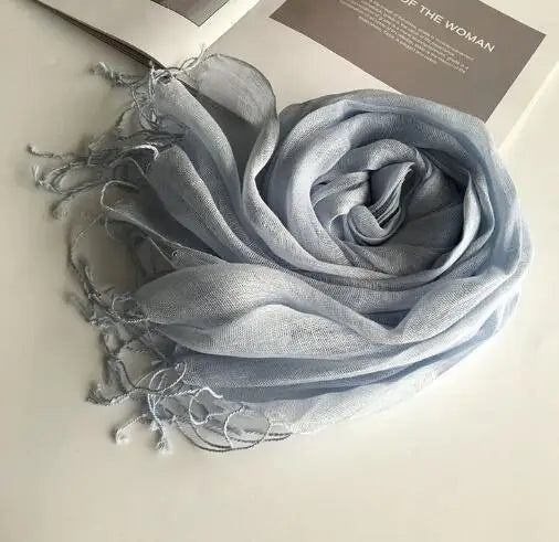 55*180cm Fashion Soft Solid Women's 100% Linen Flax Tassel Scarf Summer Travel Sunscreen Long Shawl Elegant Hijab Women's Foulard