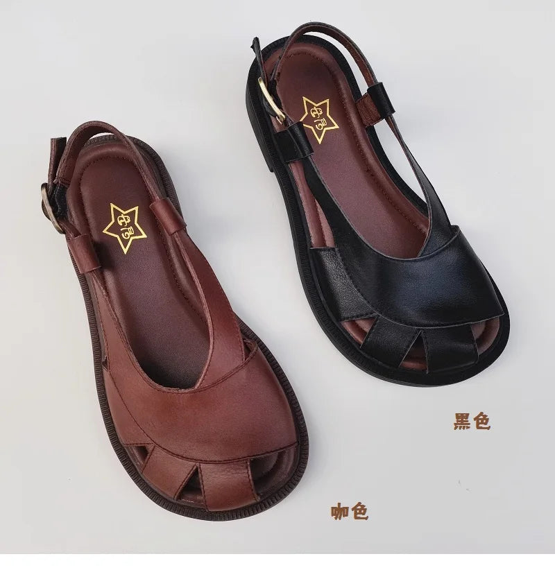 Careaymade-Genuine Leather wide toe big size sandals women's shoes original Handmade single breathable soft sole casual sandals