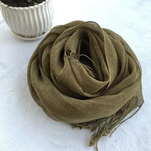55*180cm Fashion Soft Solid Women's 100% Linen Flax Tassel Scarf Summer Travel Sunscreen Long Shawl Elegant Hijab Women's Foulard