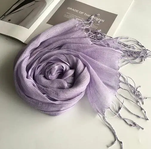 55*180cm Fashion Soft Solid Women's 100% Linen Flax Tassel Scarf Summer Travel Sunscreen Long Shawl Elegant Hijab Women's Foulard