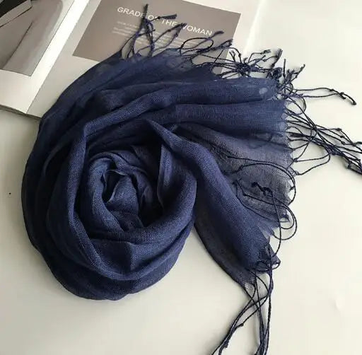 55*180cm Fashion Soft Solid Women's 100% Linen Flax Tassel Scarf Summer Travel Sunscreen Long Shawl Elegant Hijab Women's Foulard