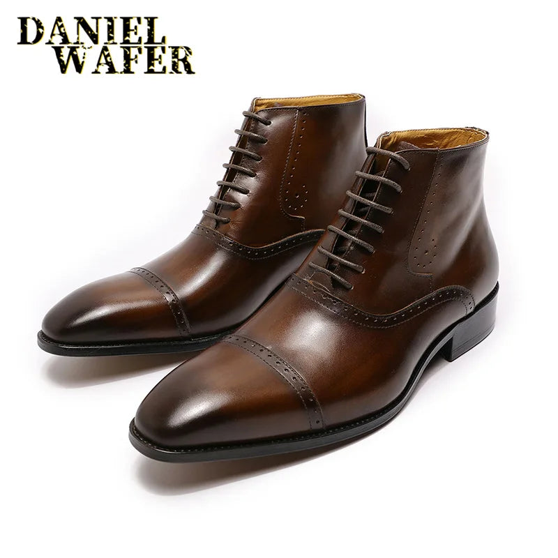 Men's Genuine Leather Oxford Ankle Boots - Brogue Cap Toe Lace-Up Dress Boots