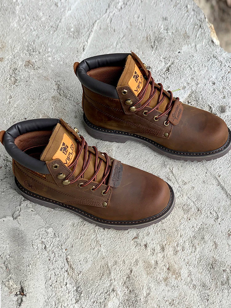 CLASSIC OUTDOOR LEATHER BOOTS - Men's Handmade Cow Leather Ankle Boots Western Motorcycle Style - Yellow & Brown
