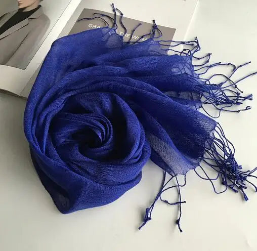 55*180cm Fashion Soft Solid Women's 100% Linen Flax Tassel Scarf Summer Travel Sunscreen Long Shawl Elegant Hijab Women's Foulard
