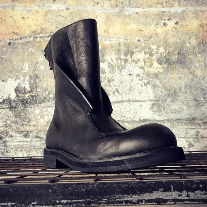 Men's Luxury Genuine Horse Leather Boots - Vintage Gothic Mid-Calf Zip Motorcycle Biker