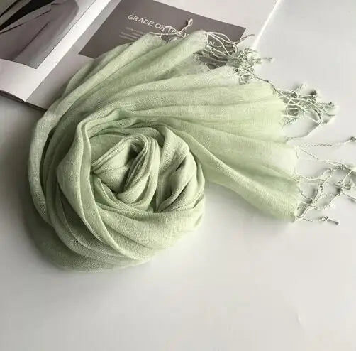 55*180cm Fashion Soft Solid Women's 100% Linen Flax Tassel Scarf Summer Travel Sunscreen Long Shawl Elegant Hijab Women's Foulard