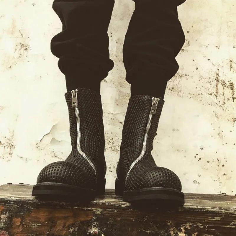 HOLLOW CRAFT - Men's Genuine Leather Mid-Calf Boots - Harajuku Zip, Breathable, EU 35–46