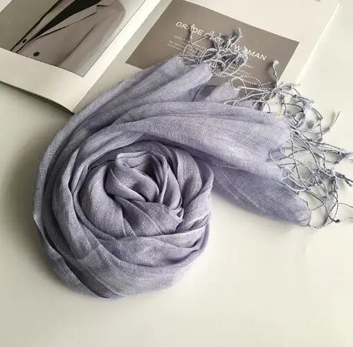 55*180cm Fashion Soft Solid Women's 100% Linen Flax Tassel Scarf Summer Travel Sunscreen Long Shawl Elegant Hijab Women's Foulard