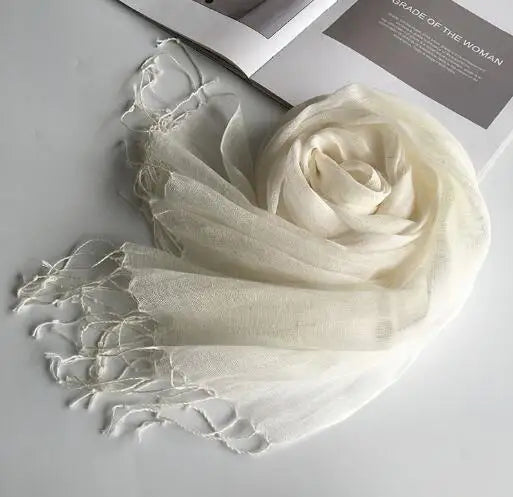 55*180cm Fashion Soft Solid Women's 100% Linen Flax Tassel Scarf Summer Travel Sunscreen Long Shawl Elegant Hijab Women's Foulard