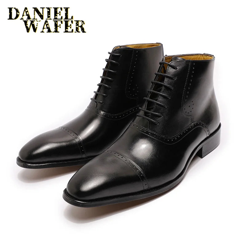 Men's Genuine Leather Oxford Ankle Boots - Brogue Cap Toe Lace-Up Dress Boots