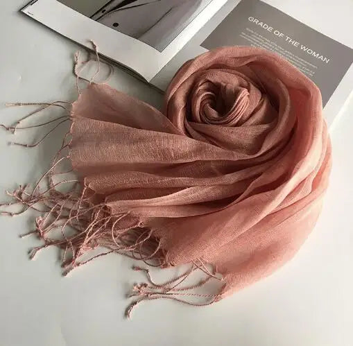 55*180cm Fashion Soft Solid Women's 100% Linen Flax Tassel Scarf Summer Travel Sunscreen Long Shawl Elegant Hijab Women's Foulard