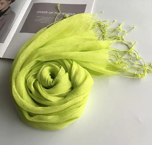 55*180cm Fashion Soft Solid Women's 100% Linen Flax Tassel Scarf Summer Travel Sunscreen Long Shawl Elegant Hijab Women's Foulard