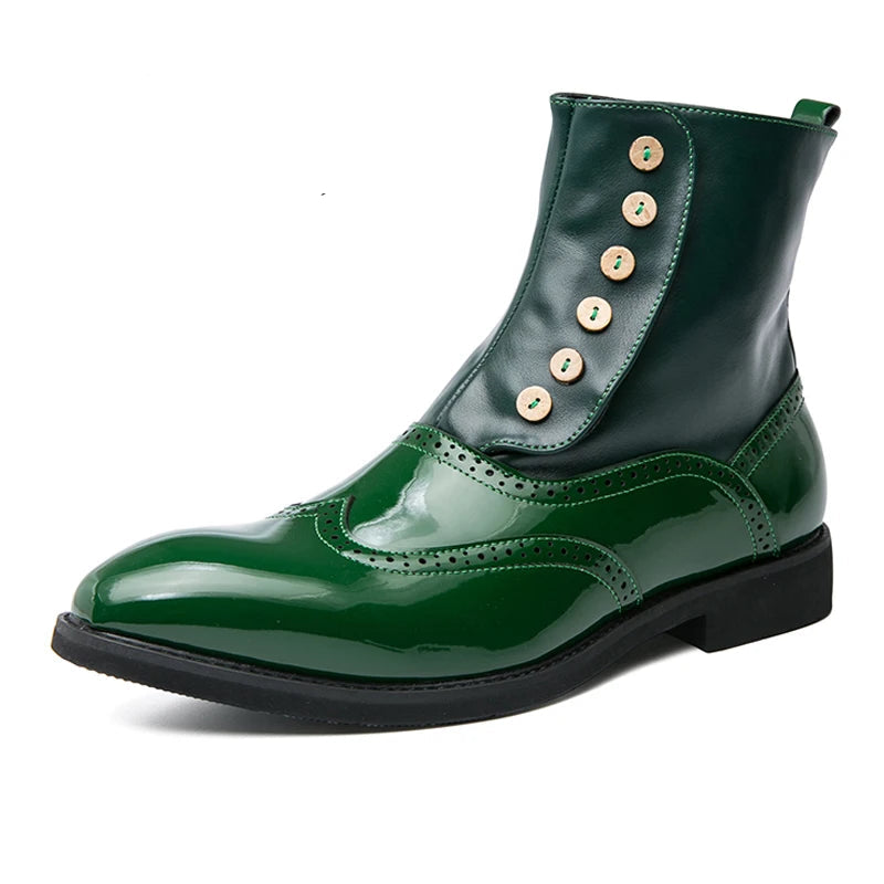 Men's Patent Leather Ankle Boots - Hook & Loop British Street Style Round Toe