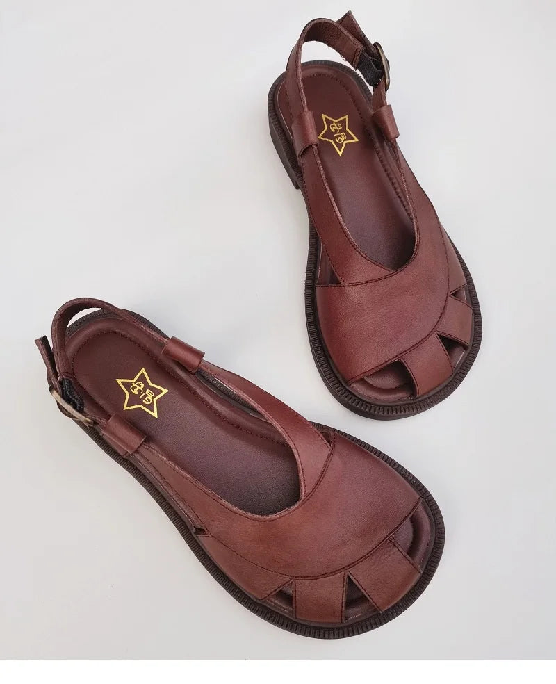 Careaymade-Genuine Leather wide toe big size sandals women's shoes original Handmade single breathable soft sole casual sandals