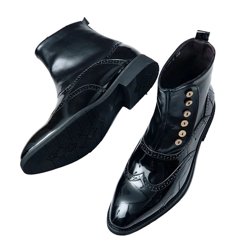Men's Patent Leather Ankle Boots - Hook & Loop British Street Style Round Toe