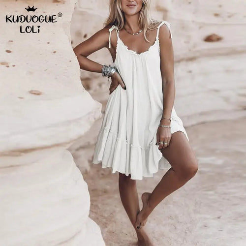 Boho Tie-Shoulder Ruffle Camisole Mini Dress — 3 Colors