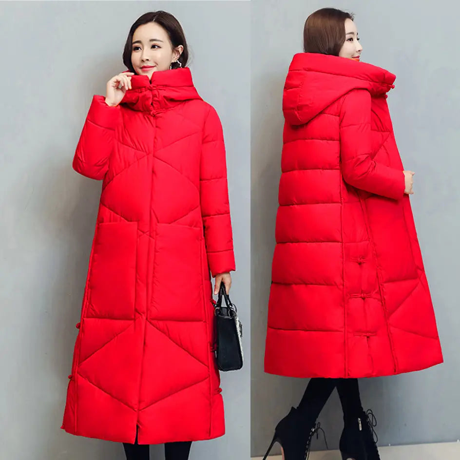 Long Hooded Snow Parka – Thick Padded Windproof Coat