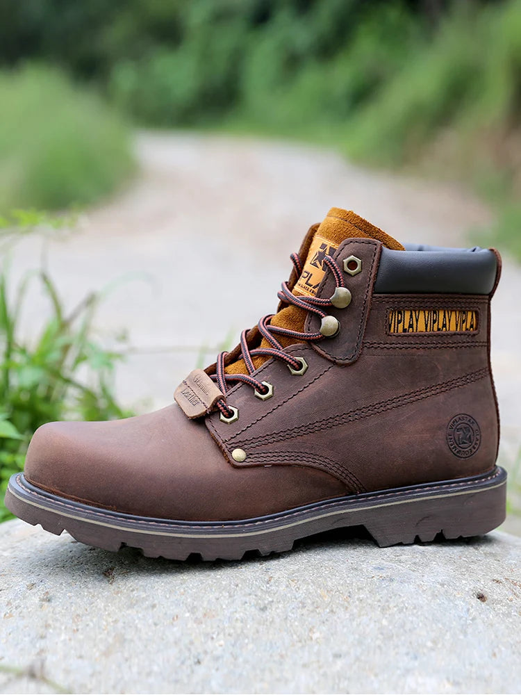 CLASSIC OUTDOOR LEATHER BOOTS - Men's Handmade Cow Leather Ankle Boots Western Motorcycle Style - Yellow & Brown