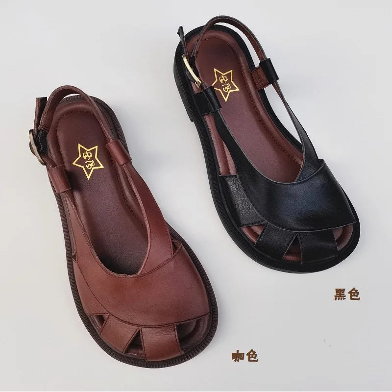 Careaymade-Genuine Leather wide toe big size sandals women's shoes original Handmade single breathable soft sole casual sandals