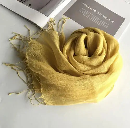 55*180cm Fashion Soft Solid Women's 100% Linen Flax Tassel Scarf Summer Travel Sunscreen Long Shawl Elegant Hijab Women's Foulard