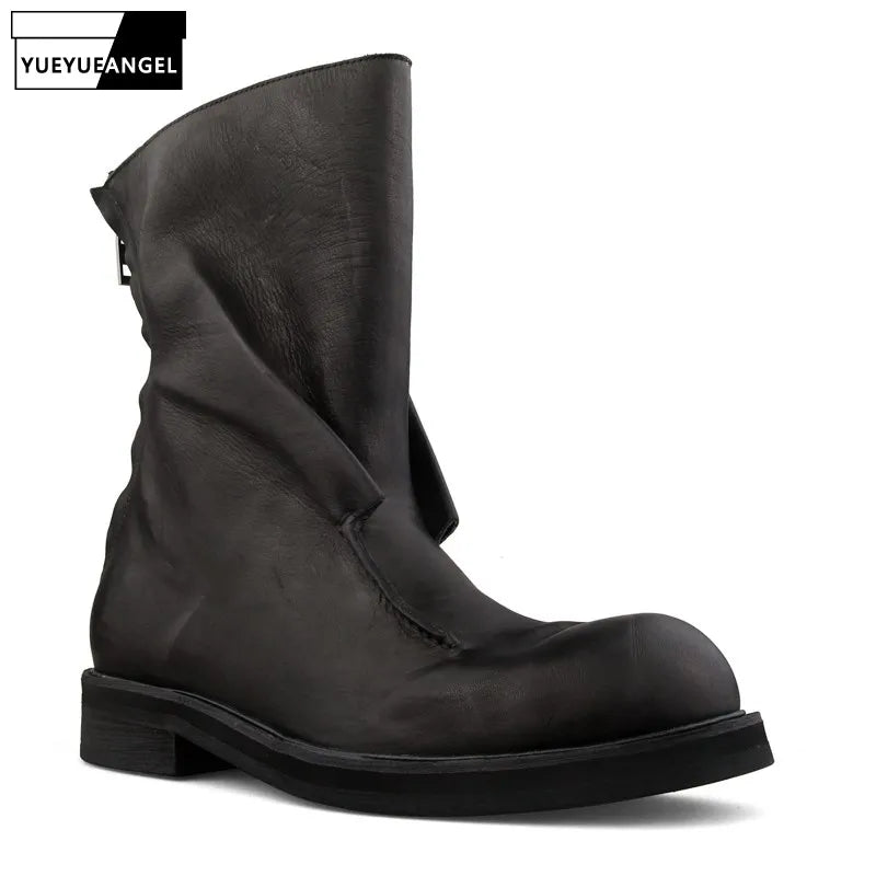 Men's Luxury Genuine Horse Leather Boots - Vintage Gothic Mid-Calf Zip Motorcycle Biker