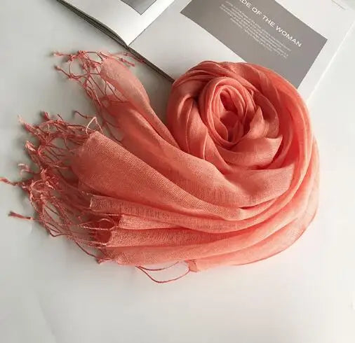 55*180cm Fashion Soft Solid Women's 100% Linen Flax Tassel Scarf Summer Travel Sunscreen Long Shawl Elegant Hijab Women's Foulard