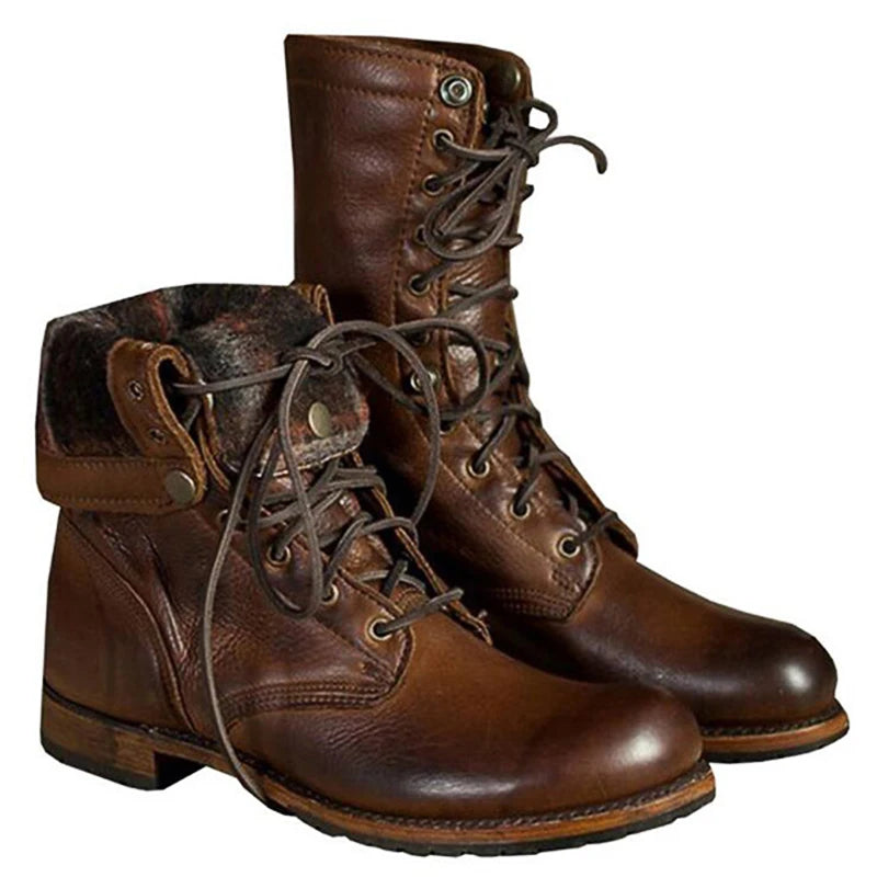 British Retro Knight Ankle Boots - Lace-Up Flannel Lined Medium Heel Plus Size