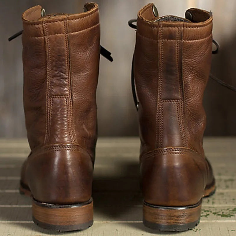British Retro Knight Ankle Boots - Lace-Up Flannel Lined Medium Heel Plus Size