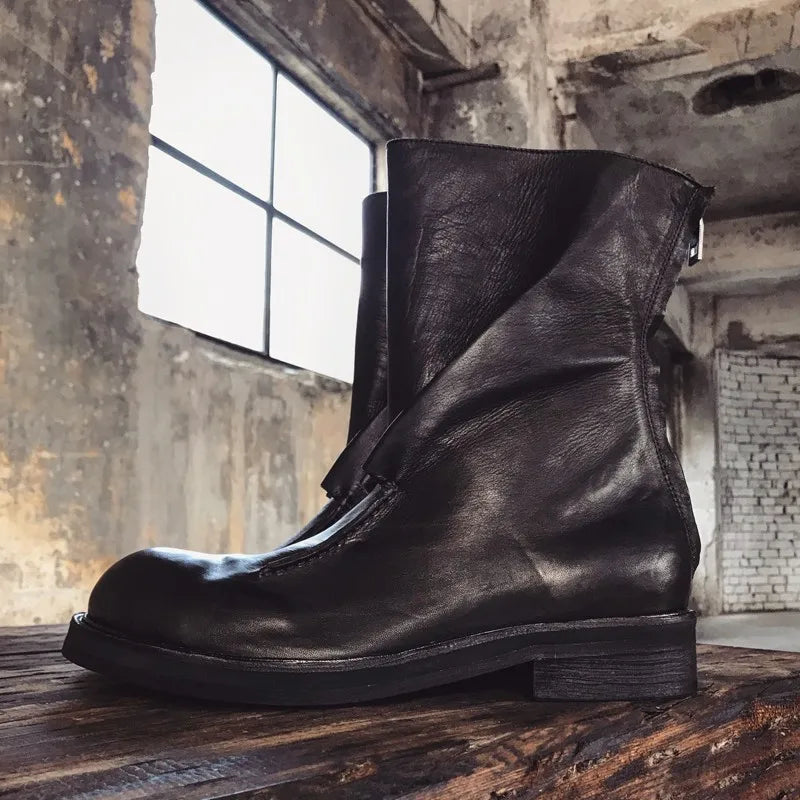 Men's Luxury Genuine Horse Leather Boots - Vintage Gothic Mid-Calf Zip Motorcycle Biker