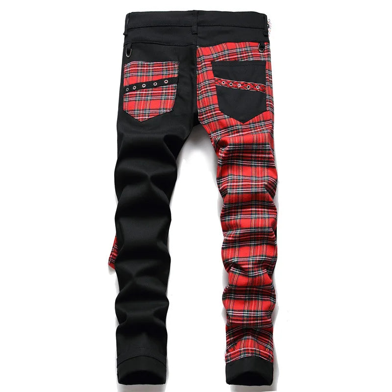 New Fashion Red Plaid Patchwork Punk Zipper Men's Pencil Jeans Trousers Y2K Buckle Hip Hop Gothic Slim Denim Pants Pantaloni Uomo