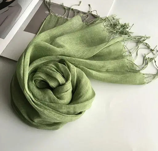 55*180cm Fashion Soft Solid Women's 100% Linen Flax Tassel Scarf Summer Travel Sunscreen Long Shawl Elegant Hijab Women's Foulard