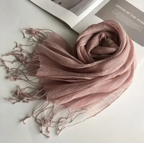55*180cm Fashion Soft Solid Women's 100% Linen Flax Tassel Scarf Summer Travel Sunscreen Long Shawl Elegant Hijab Women's Foulard