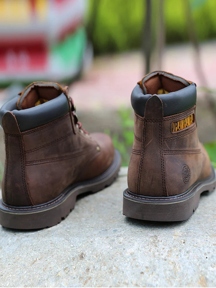 CLASSIC OUTDOOR LEATHER BOOTS - Men's Handmade Cow Leather Ankle Boots Western Motorcycle Style - Yellow & Brown