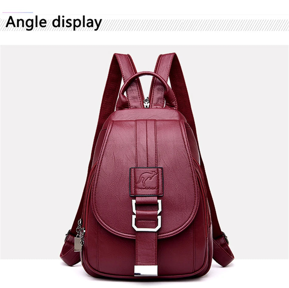 Women Leather Backpack Wine Red Kangaroo Fashion Backpack