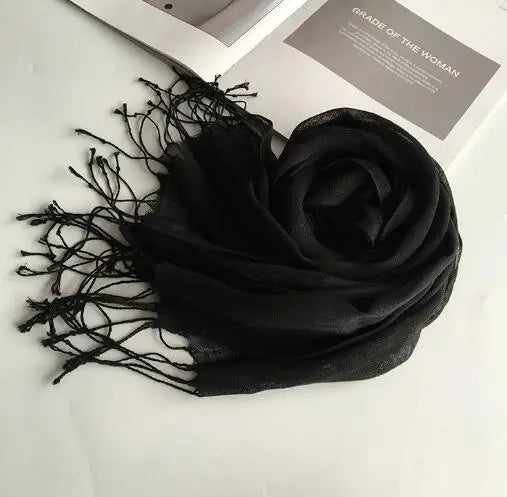 55*180cm Fashion Soft Solid Women's 100% Linen Flax Tassel Scarf Summer Travel Sunscreen Long Shawl Elegant Hijab Women's Foulard