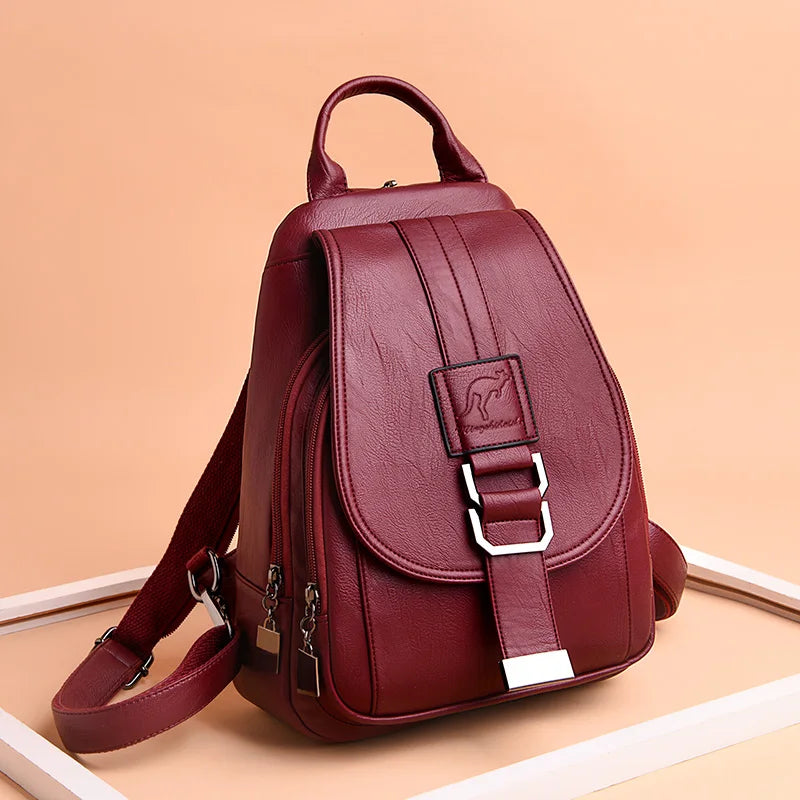 Women Leather Backpack Wine Red Kangaroo Fashion Backpack