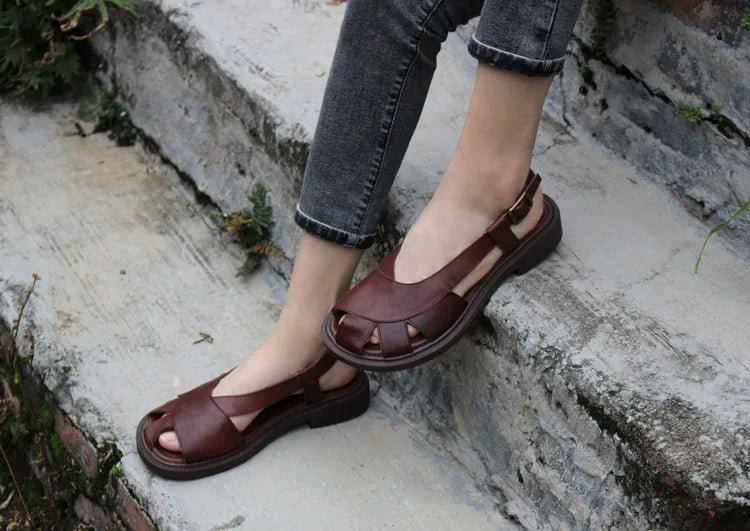 Careaymade-Genuine Leather wide toe big size sandals women's shoes original Handmade single breathable soft sole casual sandals