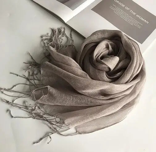 55*180cm Fashion Soft Solid Women's 100% Linen Flax Tassel Scarf Summer Travel Sunscreen Long Shawl Elegant Hijab Women's Foulard