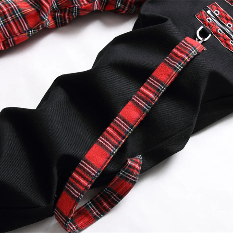 New Fashion Red Plaid Patchwork Punk Zipper Men's Pencil Jeans Trousers Y2K Buckle Hip Hop Gothic Slim Denim Pants Pantaloni Uomo
