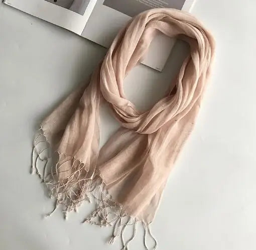 55*180cm Fashion Soft Solid Women's 100% Linen Flax Tassel Scarf Summer Travel Sunscreen Long Shawl Elegant Hijab Women's Foulard