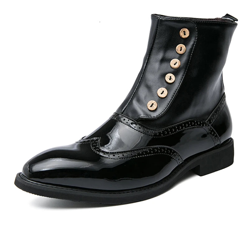 Men's Patent Leather Ankle Boots - Hook & Loop British Street Style Round Toe