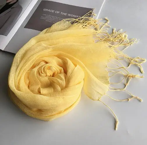 55*180cm Fashion Soft Solid Women's 100% Linen Flax Tassel Scarf Summer Travel Sunscreen Long Shawl Elegant Hijab Women's Foulard