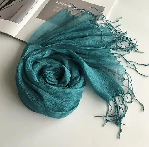 55*180cm Fashion Soft Solid Women's 100% Linen Flax Tassel Scarf Summer Travel Sunscreen Long Shawl Elegant Hijab Women's Foulard