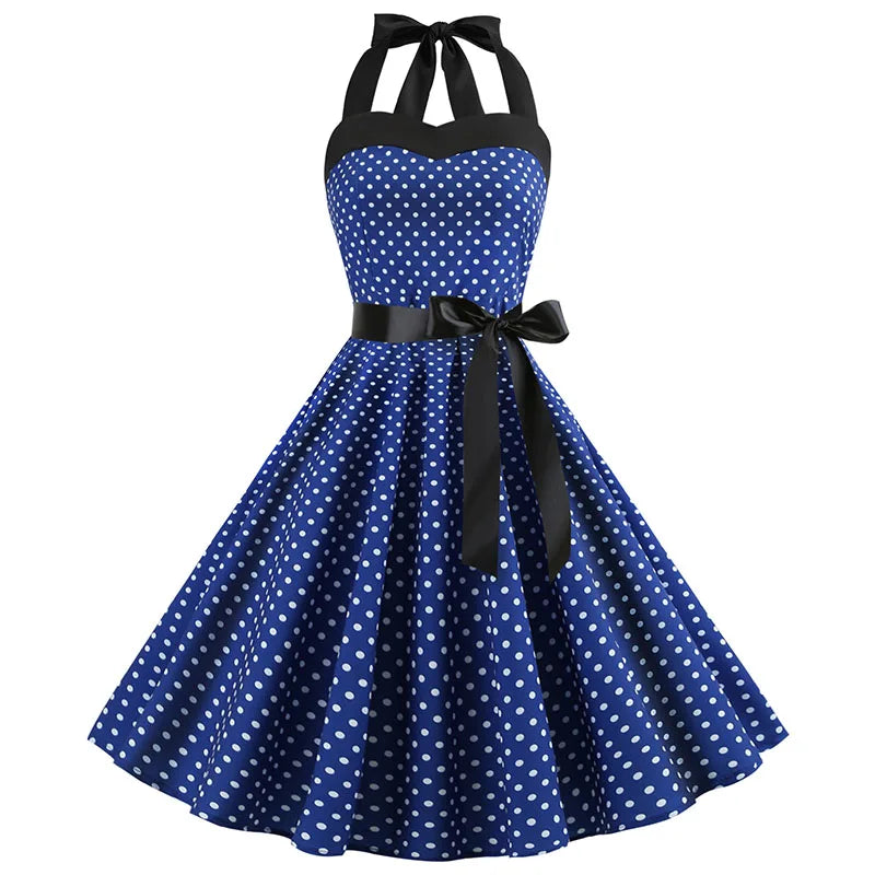 Sexy Retro White Polka Dot Dress Hepburn Vintage Halter Party Dress 50s 60s Pin Up Rockabilly Dress