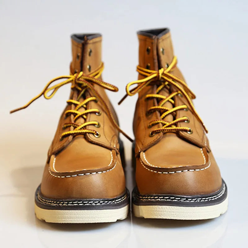 Men's Handmade Genuine Leather Ankle Boots - Lace-Up Retro Winter High Top Brown Coffee